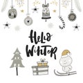 Hello winter - hand drawn Christmas card with lettering and decoration. Cute New Year clip art. Vector illustration Royalty Free Stock Photo