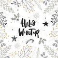 Hello winter - hand drawn Christmas lettering with floral and decorations. Cute New Year clip art. Vector illustration Royalty Free Stock Photo