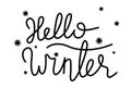 Hello Winter handwritten text, hand lettering with snowflakes isolated on white background. Brush calligraphy for Royalty Free Stock Photo