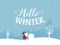 Hello winter inscription. Flat illustration of winter scene, girl builds a snowman. Winter fun outdoor activity, hand Royalty Free Stock Photo