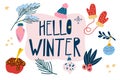 Hello winter items. Cozy winter. Winter season element set. Hand drawn collection with New Year and winter holiday symbols. Modern