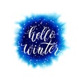 Hello winter lettering on blue watercolor splash Royalty Free Stock Photo