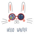 Hello Winter lettering with bunny in glasses Royalty Free Stock Photo