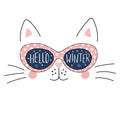 Hello Winter lettering with cat in glasses Royalty Free Stock Photo