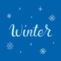Hello winter lettering. Hand drawn text at blue winter background. For card, poster, banner, templates. Vector Royalty Free Stock Photo