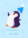 Hello winter. Little cute chubby penguin with knitted hat. Vector illustration. Blackground with snowflakes and stars