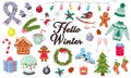 Hello winter and Merry Christmas set of elements. Royalty Free Stock Photo