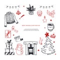 Hello Winter and Merry Christmas vector hand drawn set. New year holiday congratulation. Cozy vintage styled collection
