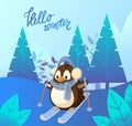 Hello Winter Penguin Wearing Scarf Skiing Vector