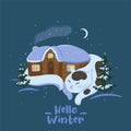 Hello winter. Winter picture with a sleeping cat and a house. Vector graphics Royalty Free Stock Photo