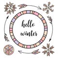 Hello winter. Retro vintage typographic color design elements. Arrows, Fir, christmas tree, mittens, ski, holly