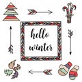 Hello winter. Retro vintage typographic color design elements. Arrows, Fir, christmas tree, mittens, ski, holly Royalty Free Stock Photo