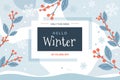 Hello winter sale banner, vector illustration template with snowflakes and ilex branches