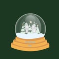 Hello winter snow globe. Glass bauble with glass sphere. House, Christmas tree and snowflakes. Ball toy with Christmas decor flat Royalty Free Stock Photo