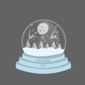 Hello winter snow globe. Glass bauble with glass sphere. House, Christmas tree and snowflakes. Ball toy with Christmas decor flat Royalty Free Stock Photo