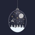 Hello winter snow globe. Glass bauble with glass sphere. House, Christmas tree and snowflakes, deer, moon. Ball toy with Christmas Royalty Free Stock Photo