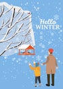 Hello Winter, snow landscape, bird feeder with feed, birds, dad with son stand near a tree covered with snow, vector Royalty Free Stock Photo