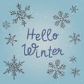 Hello Winter text. Blue vector holiday greeting card with shiny snowflakes. Winter banner. Royalty Free Stock Photo