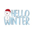 Hello Winter text, with cute little snowman.