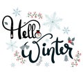 Hello Winter text decorative with snowflakes and leaves. Decoration for cards, poster, banners and more.