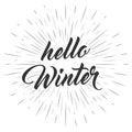 Hello winter text. Hand lettering at cute background. Vector card design with custom calligraphy. Royalty Free Stock Photo