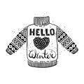 Hello winter text and knitted wool sweater with a heart. Seasonal shopping concept design for the banner or label.