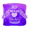 Hello winter text and knitted wool sweater with a heart on watercolor background. Seasonal shopping concept design for