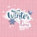 Hello winter text on pink knitting background. Vector Brush lettering with snowflakes. Vector card design with calligraphy. Winter Royalty Free Stock Photo