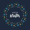 Hello Winter. Trendy handdrawn quote with festive round frame for Christmas cards, invitations, print and winter design. Vector