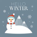 Hello winter typography with illustration of snowman and falling snow flakes Royalty Free Stock Photo