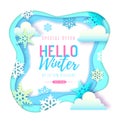 Hello Winter typography poster with snowflakes and clouds. Cut out paper art style design Royalty Free Stock Photo