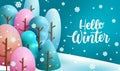 Hello winter vector background design. Hello winter text with cute colorful cartoon shape trees in forest landscape for snow. Royalty Free Stock Photo