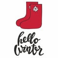 Hello winter. Vector illustration with felt boots for design and print