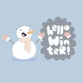 Hello winter card with cute snowman. Hand drawn vector illustration Royalty Free Stock Photo