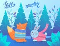 Hello Winter Cute Animal Fox and Rabbit in Forest Royalty Free Stock Photo