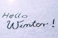 Hello Winter!, written in snow Royalty Free Stock Photo