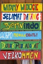 Hello wooden signs in various languages