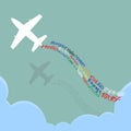 Hello World, welcome all language by Plane over the cloud, illustration vector in flat design