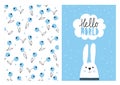 Hello World, White Cute Rabbit. Hand Drawn Baby Shower Vector Illustration Set.