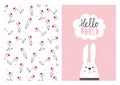 Hello World, White Cute Rabbit. Hand Drawn Baby Shower Vector Illustration Set.