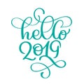 Hello 2019 year. Handwritten numbers on banner. Label vector illustration on a white background, modern brush