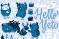 Hello Yeti. Bigfoot characters with deer, bird and polar owl in winter forest Royalty Free Stock Photo