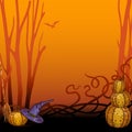 Helloween background with pumkins, broom and witch hat