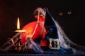 Helloween Decoration With Candle, Pumpkin, Witch`s Broom and Hat. Yellow Owl Eyes Are Defocused In The Darkness. Horror And Spide Royalty Free Stock Photo