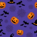Pattern with pumpkin, spider webs, bats and witch hat on purple background. For gift paper, textiles, clothes, social Royalty Free Stock Photo