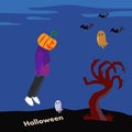 Helloween pumpkin man with bats in the night forest. cartoon illustration. Royalty Free Stock Photo