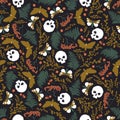 Halloween. Seamless pattern with skulls butterflies moths ferns berries. Royalty Free Stock Photo
