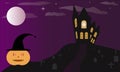 Helloween vector background illustration with pumpkin monster and scary night house.,