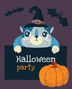 Helloween vector stock illustration with cute cat in a witch hat, bats and pumpkin Royalty Free Stock Photo