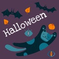 Helloween vector stock illustration with cute cat in a witch hat, bats and pumpkin Royalty Free Stock Photo